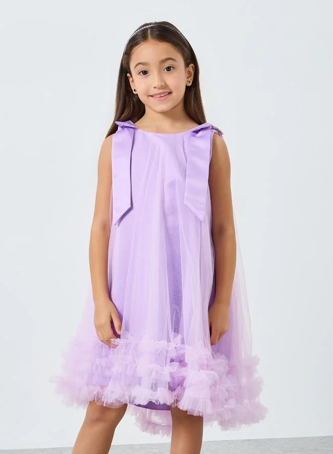 تايك تو فستان سهرة بناتي شبكي بحافة مكشكشة وفيونكة